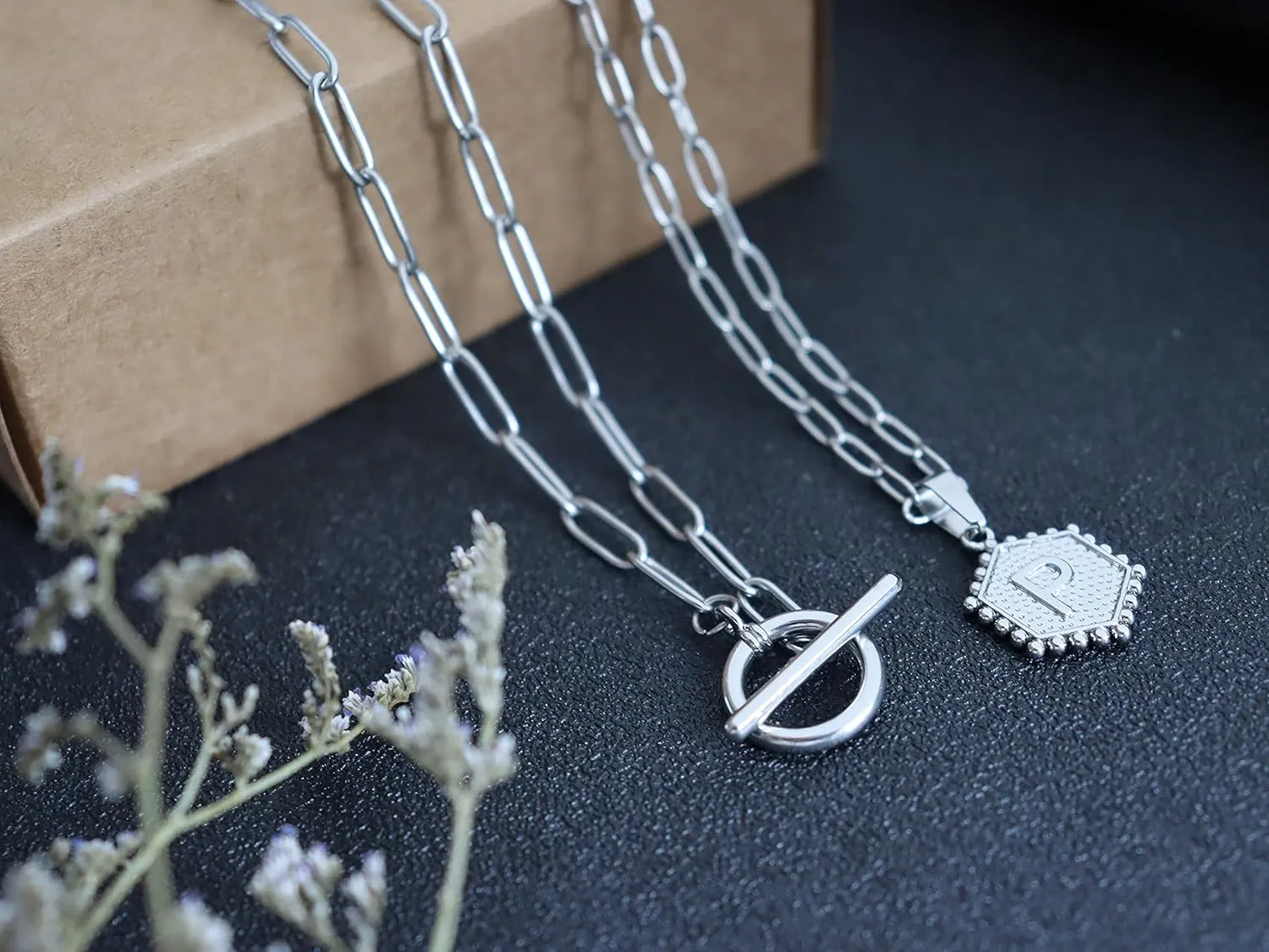 HUASAI Layered Initial Necklaces for Women Silver Letter A-Z Pendant Necklace Dainty Paperclip Link Chain Necklace Cute Hexagon Personalized Initial Necklace Jewelry Gifts