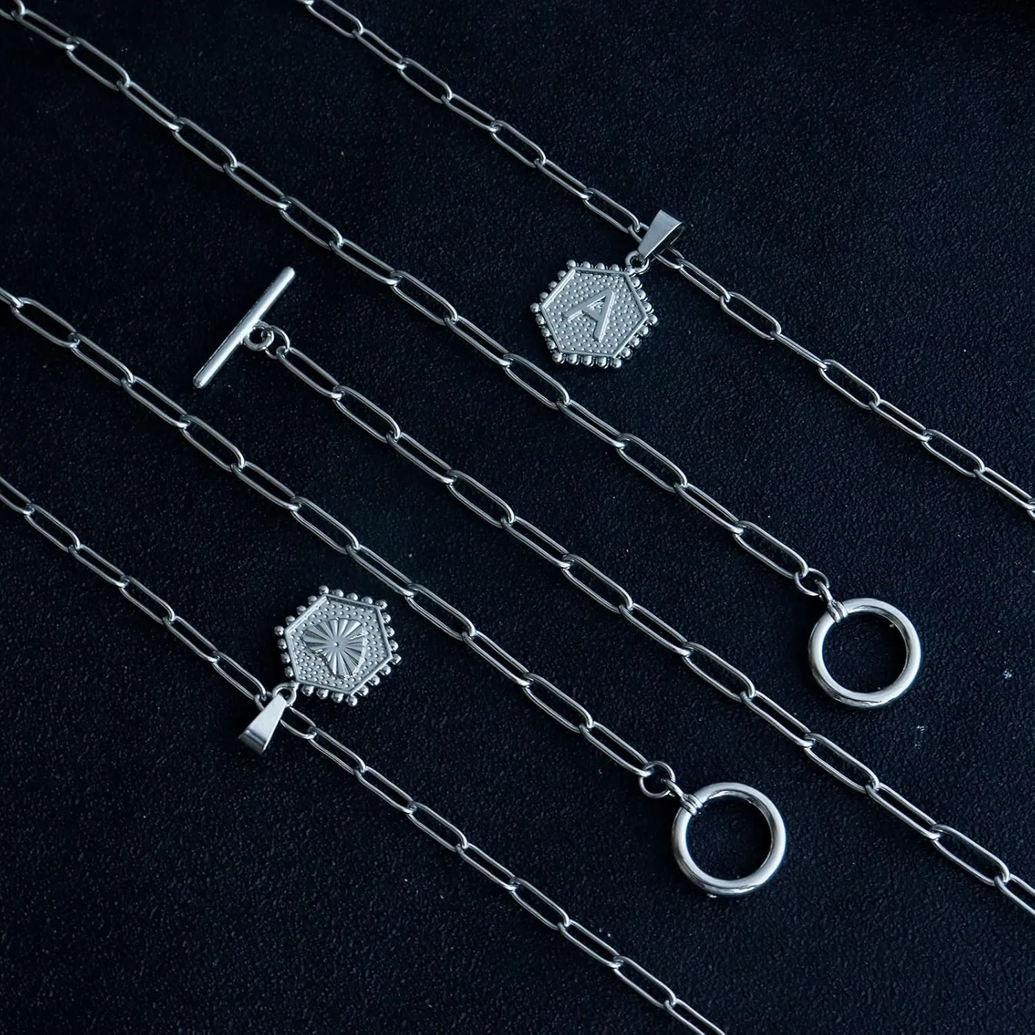 HUASAI Layered Initial Necklaces for Women Silver Letter A-Z Pendant Necklace Dainty Paperclip Link Chain Necklace Cute Hexagon Personalized Initial Necklace Jewelry Gifts
