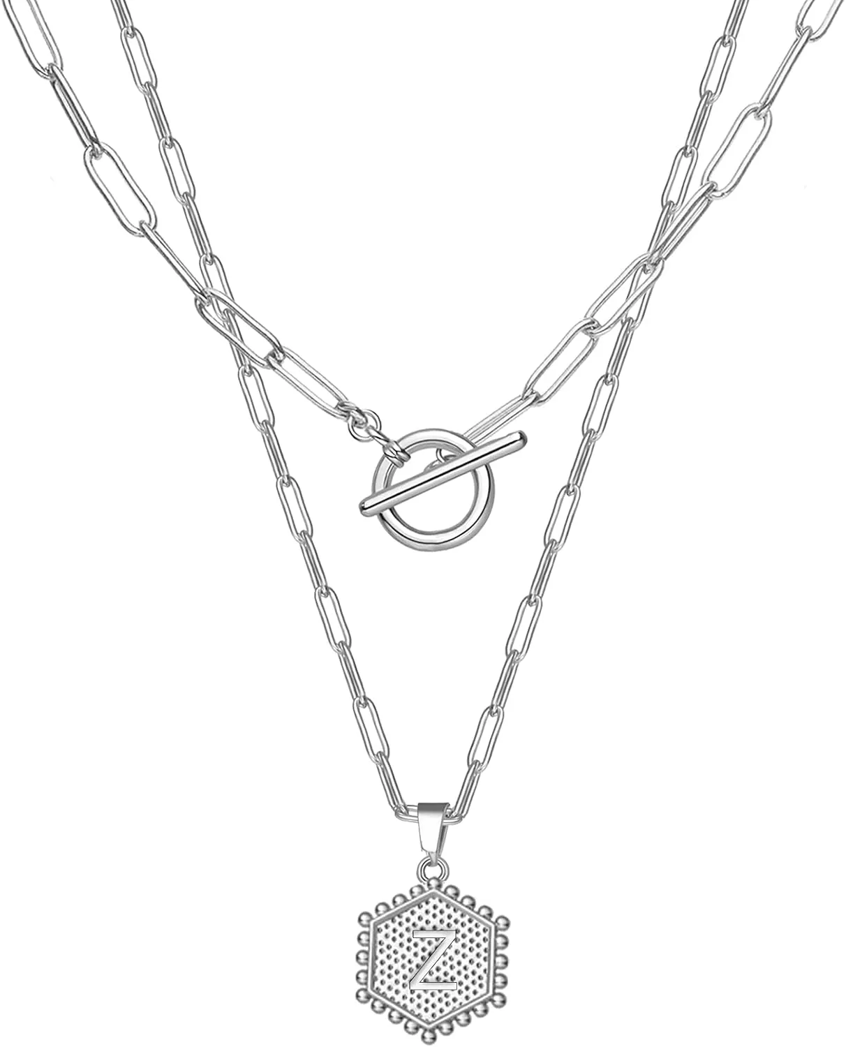 HUASAI Layered Initial Necklaces for Women Silver Letter A-Z Pendant Necklace Dainty Paperclip Link Chain Necklace Cute Hexagon Personalized Initial Necklace Jewelry Gifts