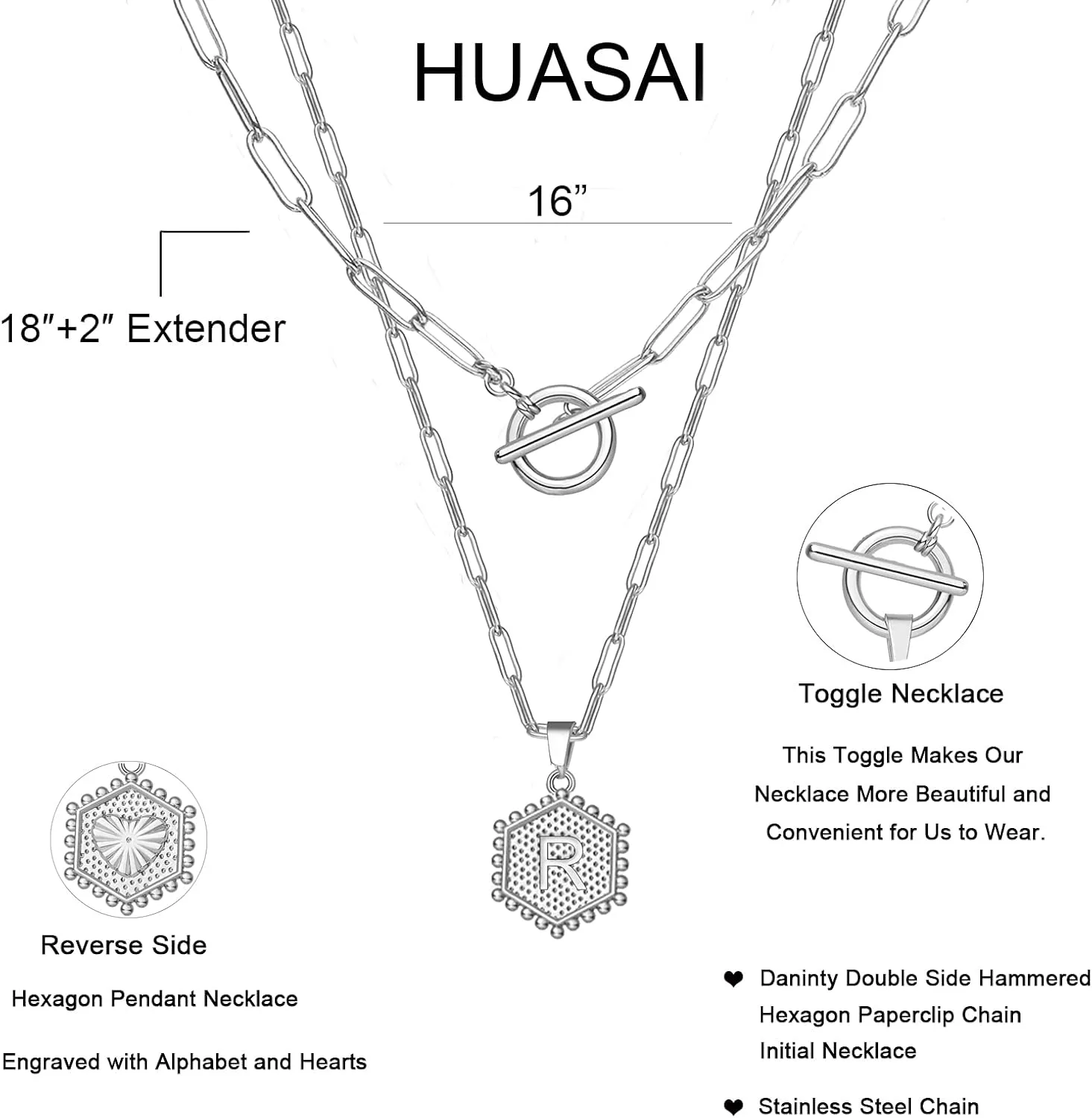 HUASAI Layered Initial Necklaces for Women Silver Letter A-Z Pendant Necklace Dainty Paperclip Link Chain Necklace Cute Hexagon Personalized Initial Necklace Jewelry Gifts