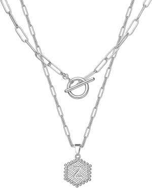 HUASAI Layered Initial Necklaces for Women Silver Letter A-Z Pendant Necklace Dainty Paperclip Link Chain Necklace Cute Hexagon Personalized Initial Necklace Jewelry Gifts