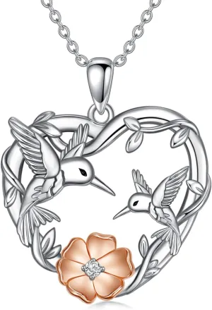 Hummingbird Necklace Turquoise/Diamond S925 Sterling Silver Hummingbird Pendant with Flowers Bird Animal Jewelry Anniversary Birthdays Gratuation Gifts for Women Girlfriend Mom Daughters
