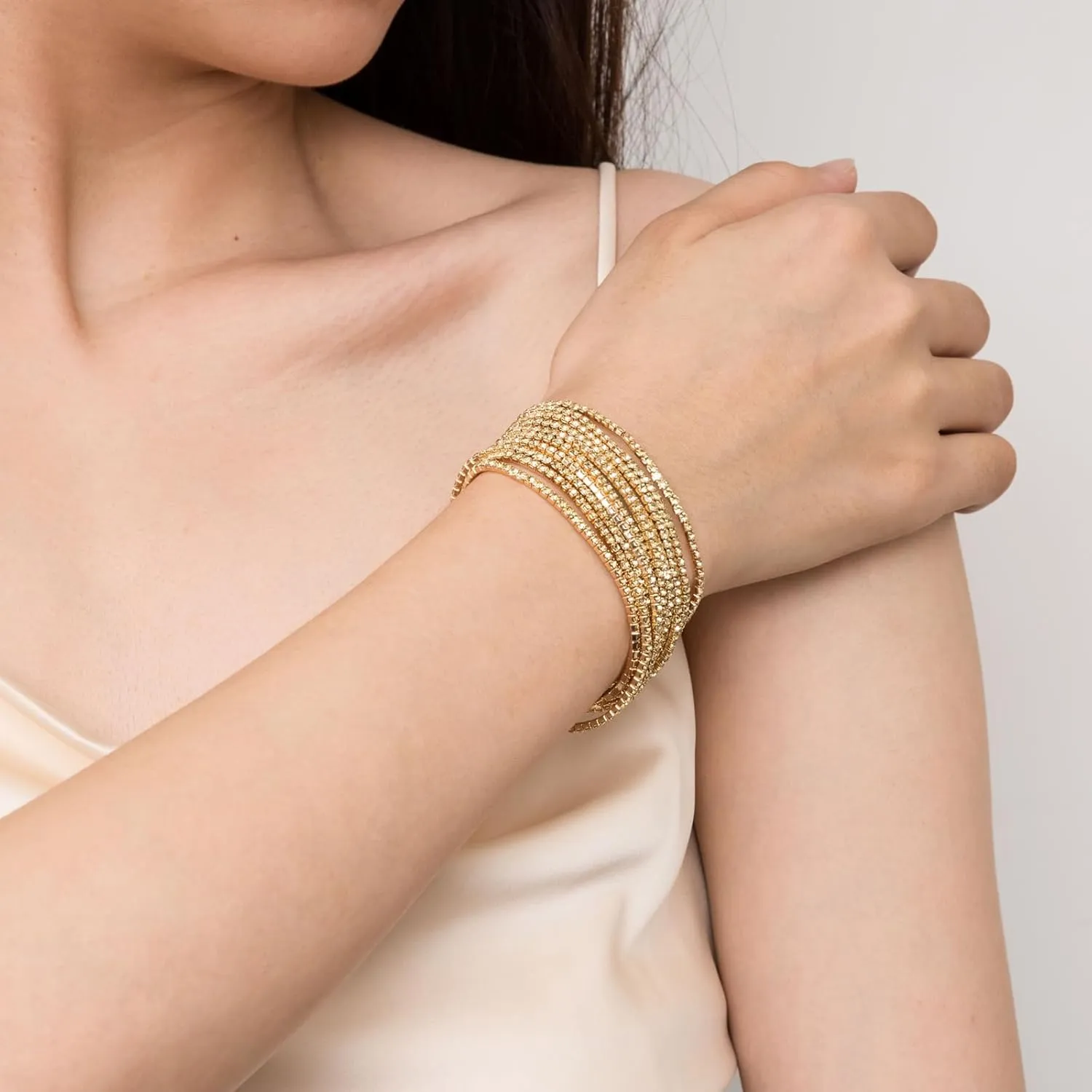 HZMAN 10 Pcs Tennis Bracelets Set for Women 14K Gold Plated Dainty Cubic Zirconia Adjustable Stackable Stretch Bracelet Wedding Party Jewelry Gift