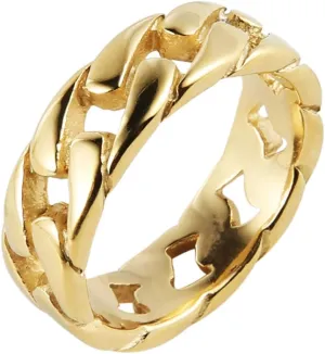HZMAN Mens Stainless Steel 7mm Wide Band Cuban Link Chain Ring, Silver Gold Black