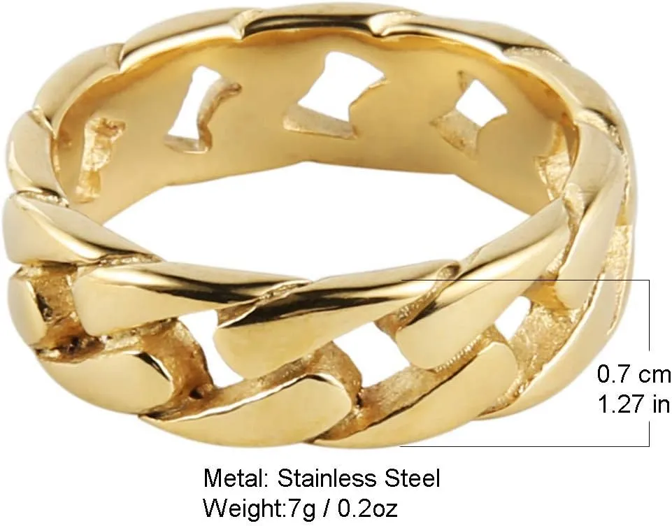 HZMAN Mens Stainless Steel 7mm Wide Band Cuban Link Chain Ring, Silver Gold Black