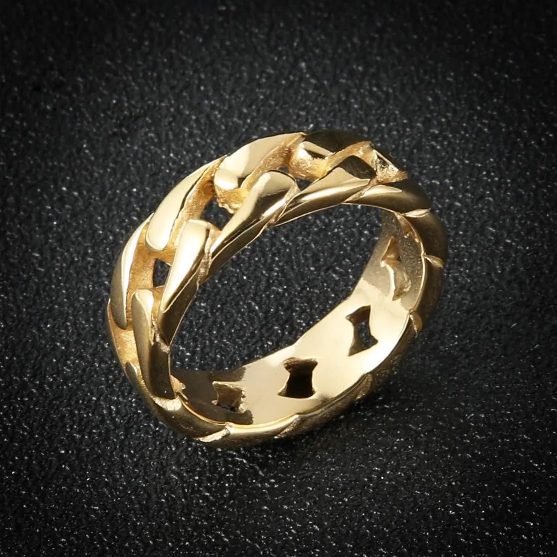 HZMAN Mens Stainless Steel 7mm Wide Band Cuban Link Chain Ring, Silver Gold Black