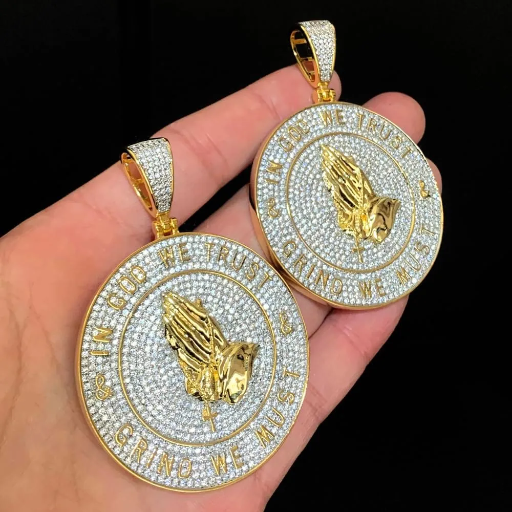 Iced Out Bling CZ We Trust In Gold & We Must Grind Letters Pendant Necklaces
