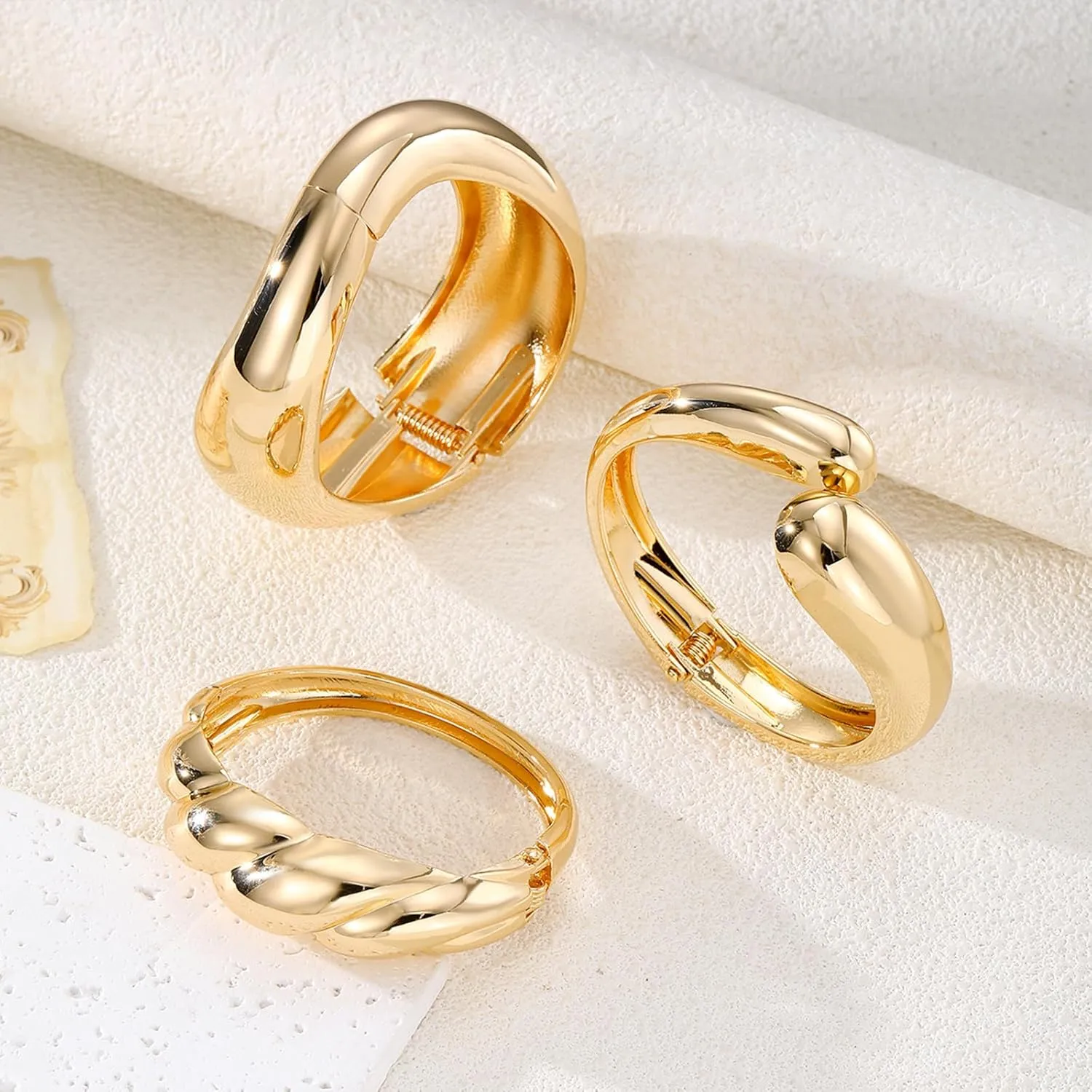 IFKM 3pcs Chunky Gold Bangle Bracelet For Women 14k Gold Plated Trendy Wide Hinged Cuff Open Bracelet Dainty Minimalist Jewelry Gifts