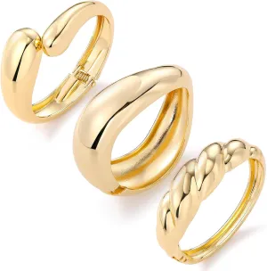 IFKM 3pcs Chunky Gold Bangle Bracelet For Women 14k Gold Plated Trendy Wide Hinged Cuff Open Bracelet Dainty Minimalist Jewelry Gifts
