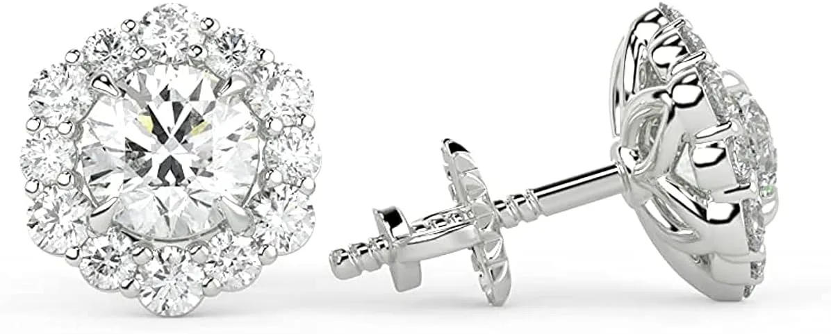 IGI Certified 1 Carat Round Lab Grown Diamond Halo Stud Earrings for Women I 14k Gold Earrings (G-H, VS1-VS2, 1.00 cttw) Brilliant Cut Diamond Screw Back Studs by Carbon Atelier