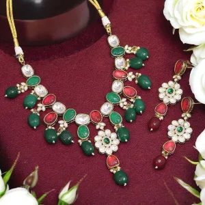 Indian Traditional Floral Polki Necklace Earrings Set, Rajsthani Ethnic Floral Necklace Set, Jaipuri Polki Jewelry Set, Bollywood Floral Polki Jewelry Set