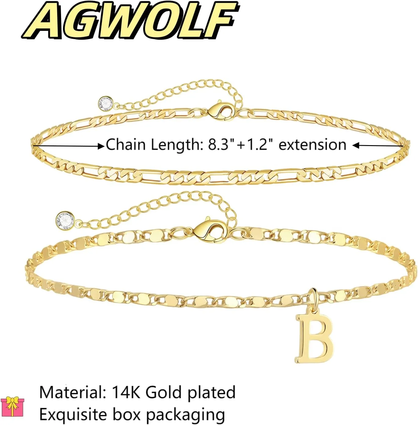 Initial Letter Ankle Bracelets Set for Women 14K Gold Plated Layered Waterproof Anklets Figaro Chain Rhinestone Dainty Anklet Set Adjustable Size Summer Beach Jewelry for Women