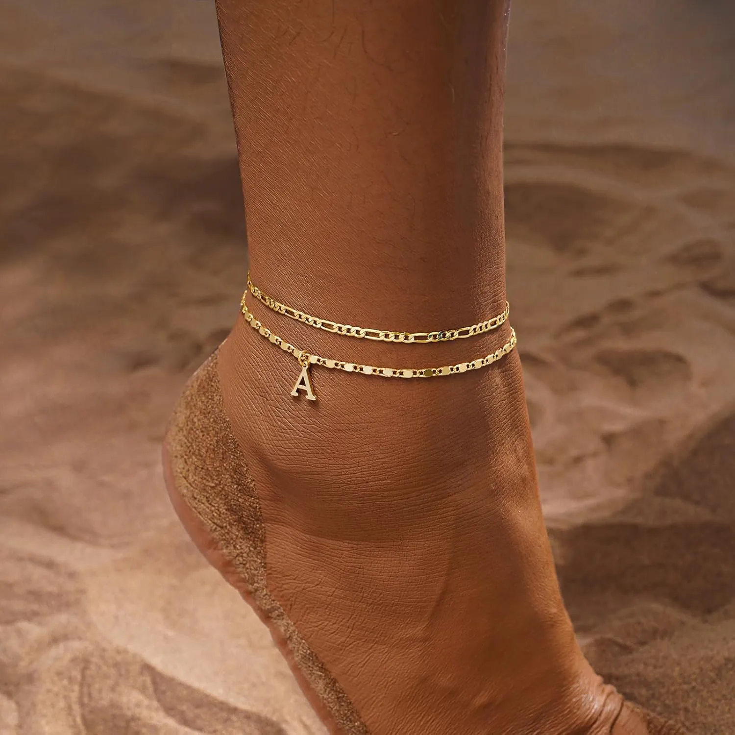 Initial Letter Ankle Bracelets Set for Women 14K Gold Plated Layered Waterproof Anklets Figaro Chain Rhinestone Dainty Anklet Set Adjustable Size Summer Beach Jewelry for Women