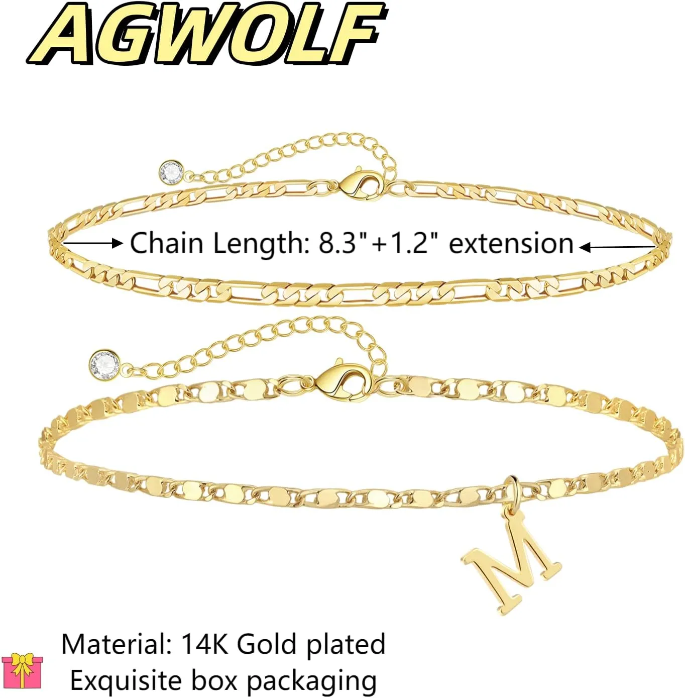 Initial Letter Ankle Bracelets Set for Women 14K Gold Plated Layered Waterproof Anklets Figaro Chain Rhinestone Dainty Anklet Set Adjustable Size Summer Beach Jewelry for Women