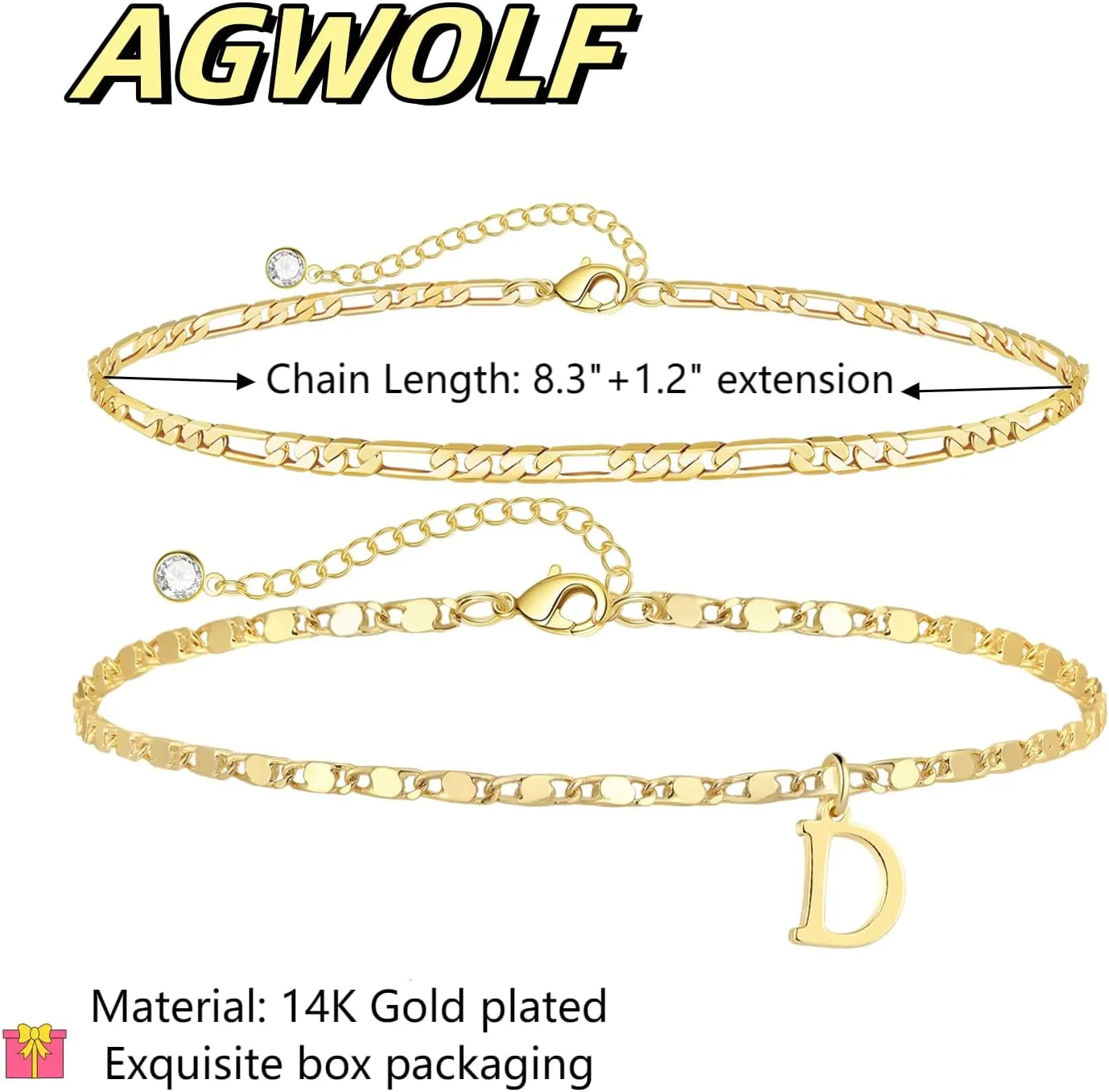 Initial Letter Ankle Bracelets Set for Women 14K Gold Plated Layered Waterproof Anklets Figaro Chain Rhinestone Dainty Anklet Set Adjustable Size Summer Beach Jewelry for Women