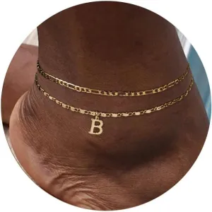 Initial Letter Ankle Bracelets Set for Women 14K Gold Plated Layered Waterproof Anklets Figaro Chain Rhinestone Dainty Anklet Set Adjustable Size Summer Beach Jewelry for Women
