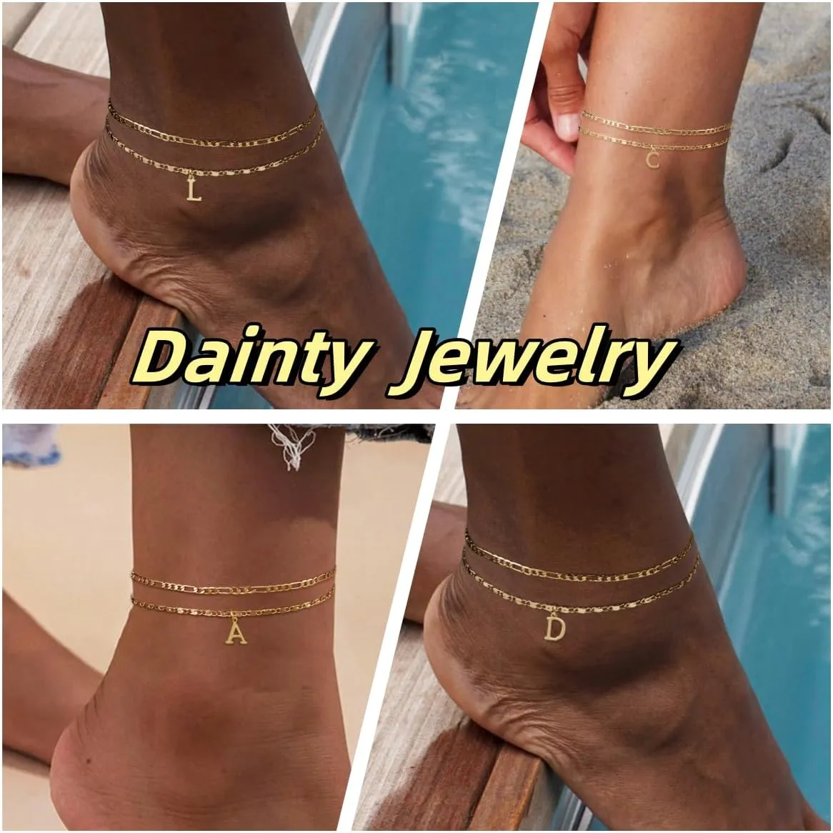 Initial Letter Ankle Bracelets Set for Women 14K Gold Plated Layered Waterproof Anklets Figaro Chain Rhinestone Dainty Anklet Set Adjustable Size Summer Beach Jewelry for Women