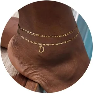 Initial Letter Ankle Bracelets Set for Women 14K Gold Plated Layered Waterproof Anklets Figaro Chain Rhinestone Dainty Anklet Set Adjustable Size Summer Beach Jewelry for Women