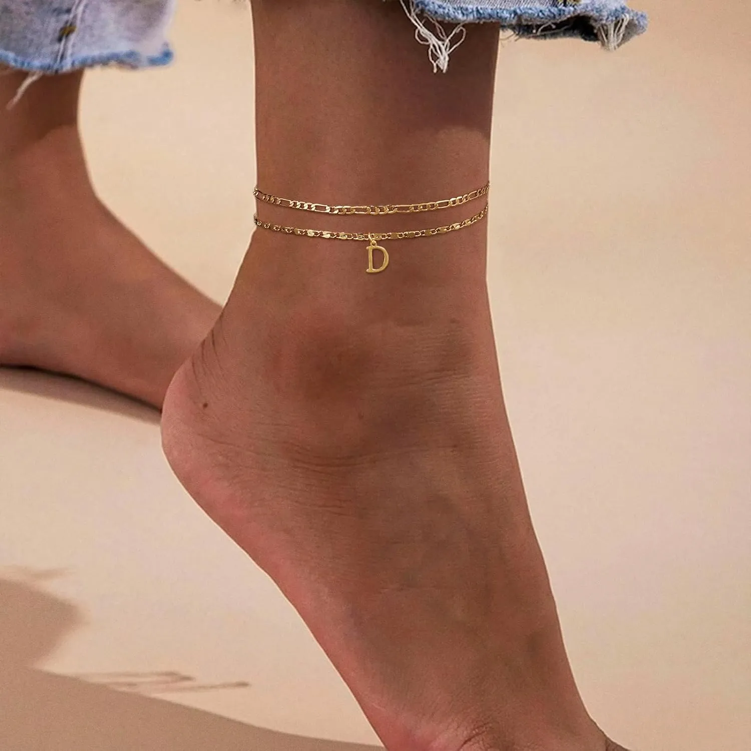 Initial Letter Ankle Bracelets Set for Women 14K Gold Plated Layered Waterproof Anklets Figaro Chain Rhinestone Dainty Anklet Set Adjustable Size Summer Beach Jewelry for Women