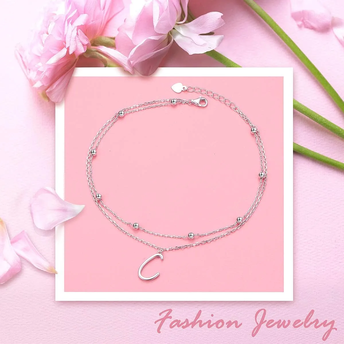 Initials Anklet for Women S925 Sterling Silver Adjustable Foot Ankle Bracelet with Letter