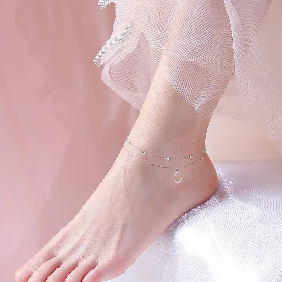 Initials Anklet for Women S925 Sterling Silver Adjustable Foot Ankle Bracelet with Letter