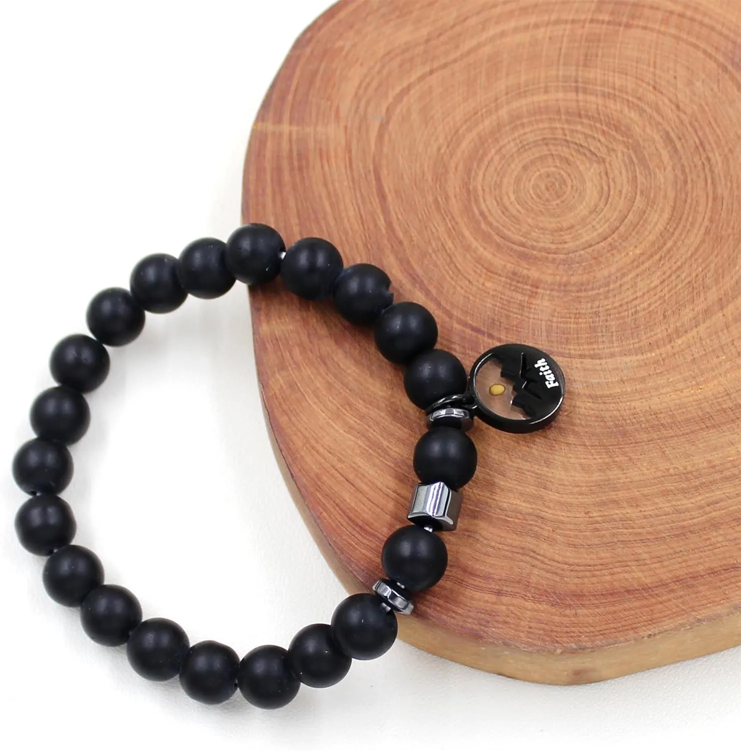 Inspirational 8mm Beads Bracelet with Black Faith Mountain Charm and Mustard seed | Adjustable Stretch Beaded Bracelets | Religious Spiritual Jewelry for Men and Women
