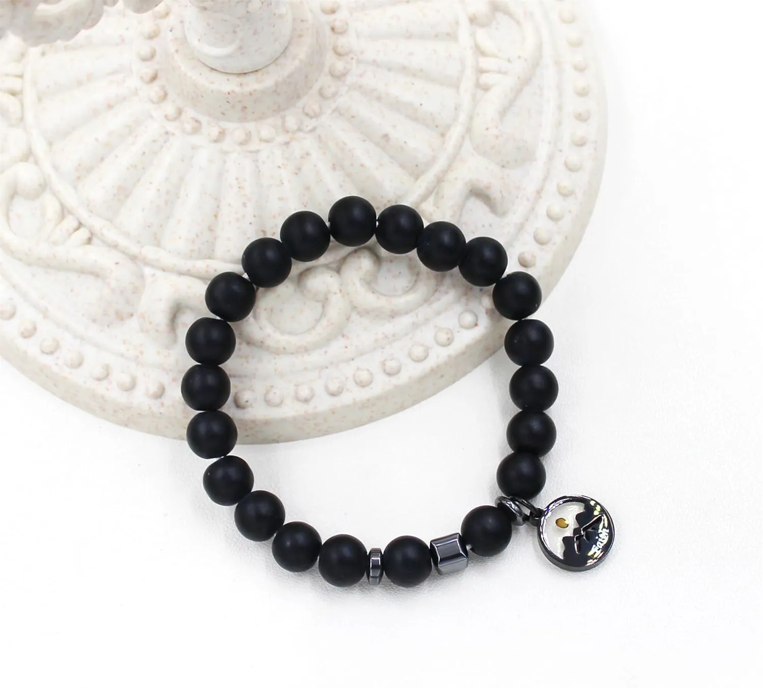 Inspirational 8mm Beads Bracelet with Black Faith Mountain Charm and Mustard seed | Adjustable Stretch Beaded Bracelets | Religious Spiritual Jewelry for Men and Women