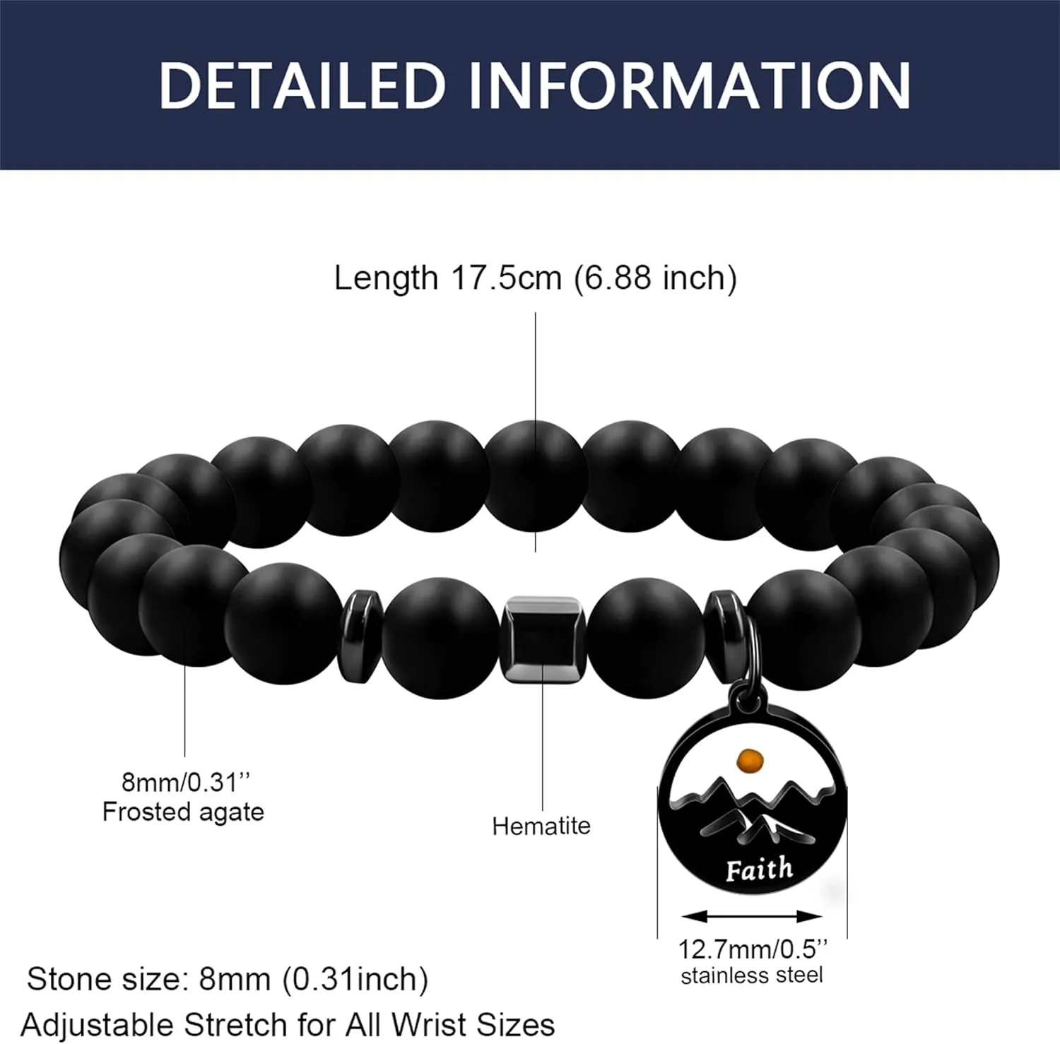 Inspirational 8mm Beads Bracelet with Black Faith Mountain Charm and Mustard seed | Adjustable Stretch Beaded Bracelets | Religious Spiritual Jewelry for Men and Women
