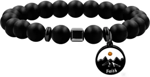 Inspirational 8mm Beads Bracelet with Black Faith Mountain Charm and Mustard seed | Adjustable Stretch Beaded Bracelets | Religious Spiritual Jewelry for Men and Women
