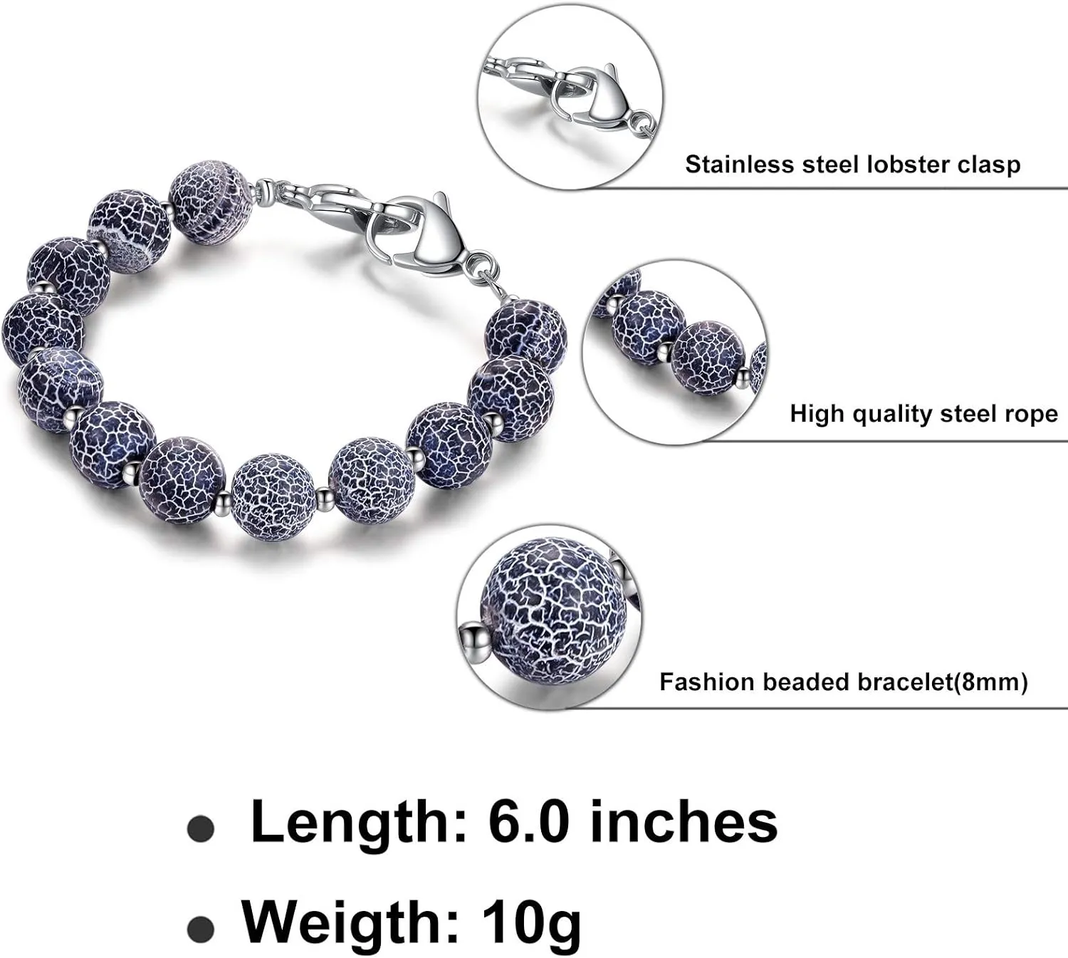 Interchangeable Medical Alert ID Replacement Bracelet for Men & Women Natural Stone Crystal Turquoise Black Agate White Turquoise Beaded Chain Medical Alert Replacement Bracelet Link for Teen