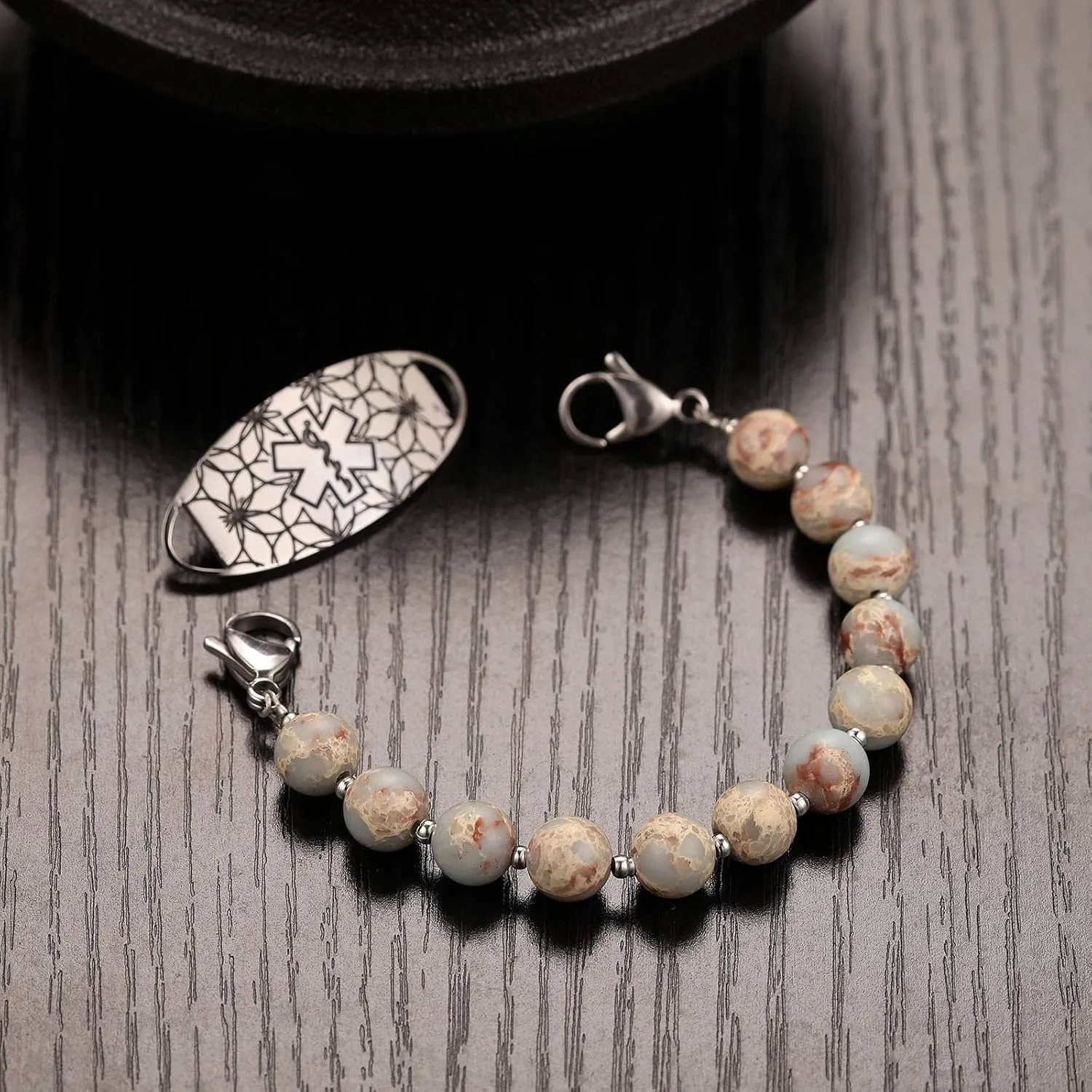 Interchangeable Medical Alert ID Replacement Bracelet for Men & Women Natural Stone Crystal Turquoise Black Agate White Turquoise Beaded Chain Medical Alert Replacement Bracelet Link for Teen