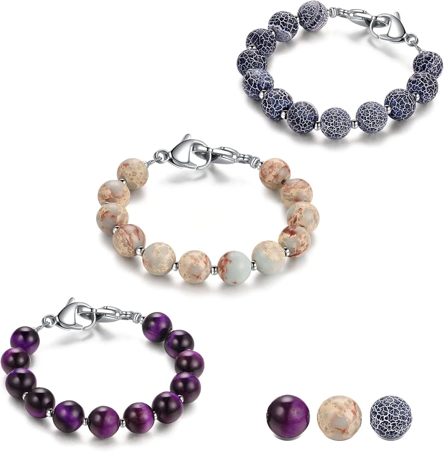 Interchangeable Medical Alert ID Replacement Bracelet for Men & Women Natural Stone Crystal Turquoise Black Agate White Turquoise Beaded Chain Medical Alert Replacement Bracelet Link for Teen