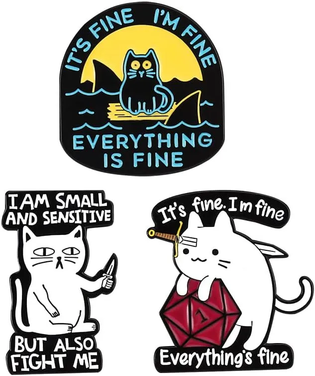 It's Fine I'm Fine Everything is Fine Funny Cat with Knife Enamel Lapel Pin brooches badges for backpacks