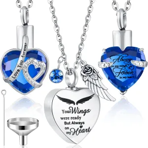 Jadive 3 Pcs Summer Cremation Heart Urn Necklace Ashes Jewelry for Women Ocean Crystal Necklace Waterproof Memorial Pendant Stainless Steel Keepsake with Angel Wing 12 Birthstones Filling Kit
