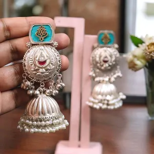 Jaipuri Silver Plated Kundan Jhumki Earrings Set, Indian Bridal Kundan Jhumki Set, Pakistani Silver Plated Earrings Set, Bollywood Kundan Jewelry Set, Celebrity Inspired Earrings Jhumki Set