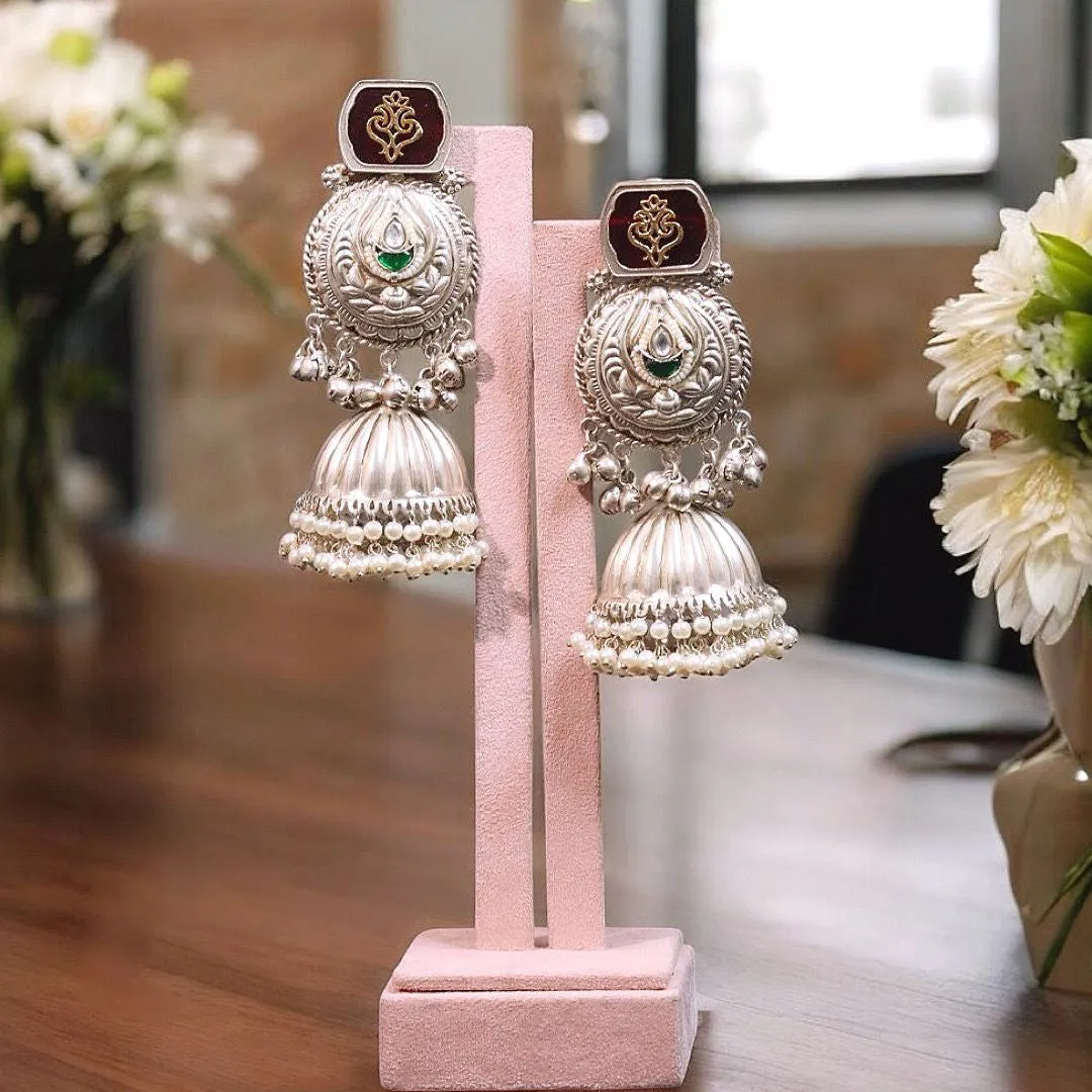 Jaipuri Silver Plated Kundan Jhumki Earrings Set, Indian Bridal Kundan Jhumki Set, Pakistani Silver Plated Earrings Set, Bollywood Kundan Jewelry Set, Celebrity Inspired Earrings Jhumki Set
