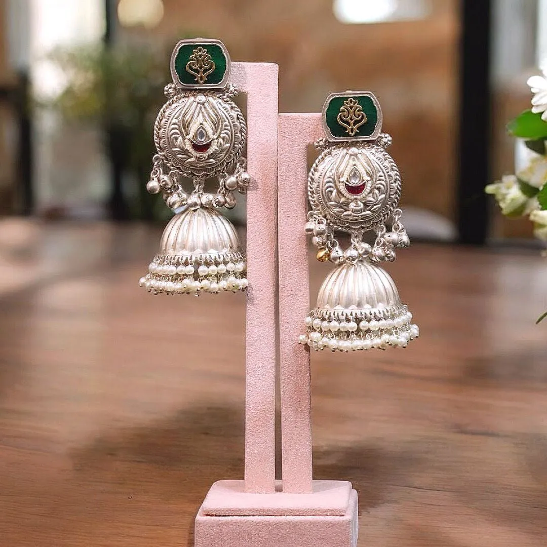 Jaipuri Silver Plated Kundan Jhumki Earrings Set, Indian Bridal Kundan Jhumki Set, Pakistani Silver Plated Earrings Set, Bollywood Kundan Jewelry Set, Celebrity Inspired Earrings Jhumki Set
