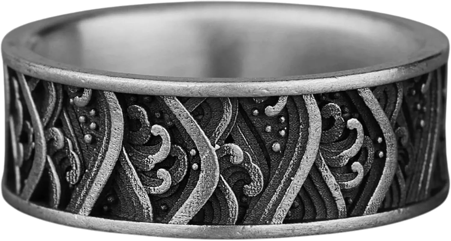Japanese The Great Wave of Kanagava Engraved Promise Rings for Couples, 925 Sterling Silver Mens Wedding Ring, Elegant Mythology Jewelry