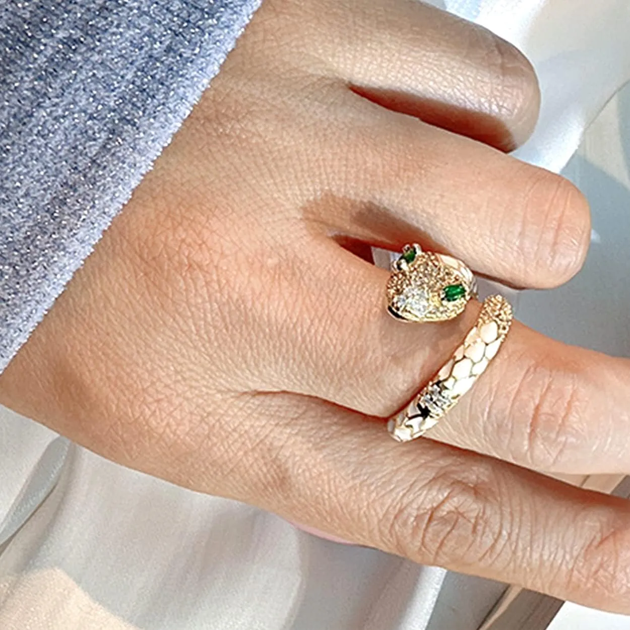 Jean Beau Cute Snake Adjustable Open Gold Ring for Women - Sparkly Vintage Wrap Stacking Animal Green Enamel Eye Fashion Statement Love Promise Costume Finger Cocktail Party Jewelry Gift
