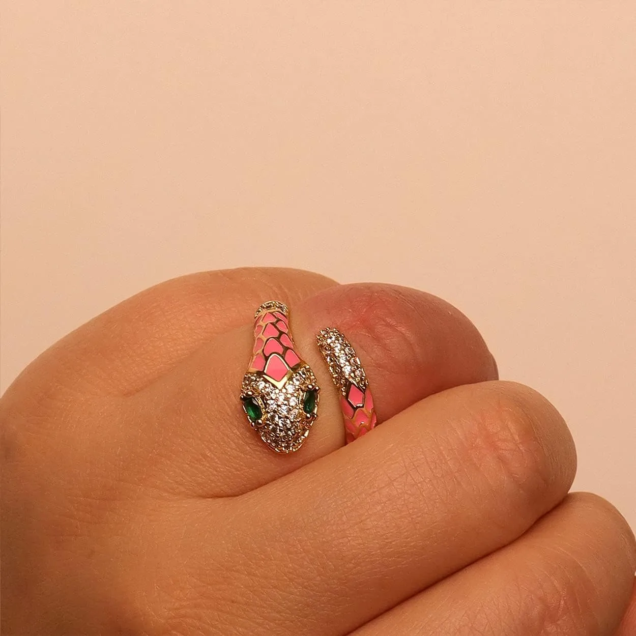 Jean Beau Cute Snake Adjustable Open Gold Ring for Women - Sparkly Vintage Wrap Stacking Animal Green Enamel Eye Fashion Statement Love Promise Costume Finger Cocktail Party Jewelry Gift