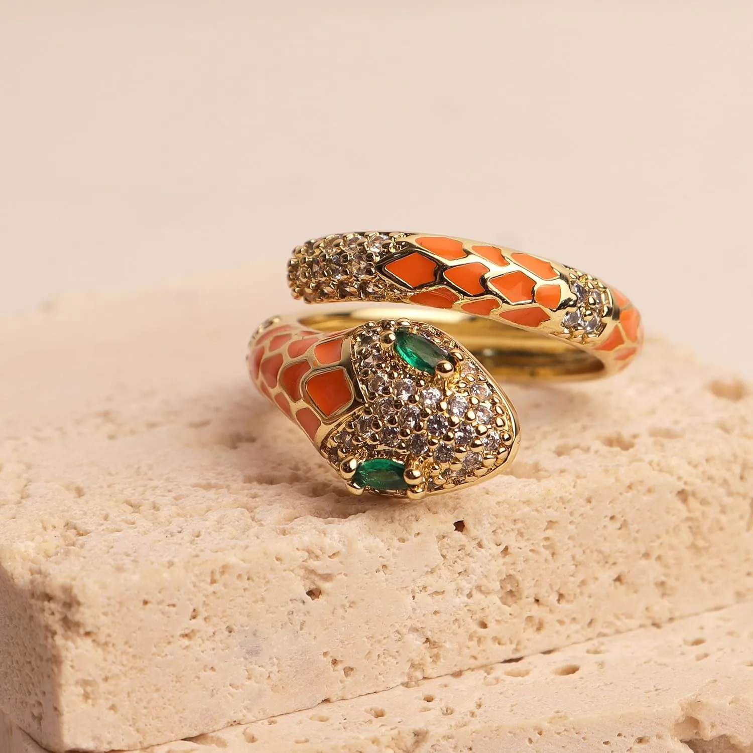 Jean Beau Cute Snake Adjustable Open Gold Ring for Women - Sparkly Vintage Wrap Stacking Animal Green Enamel Eye Fashion Statement Love Promise Costume Finger Cocktail Party Jewelry Gift