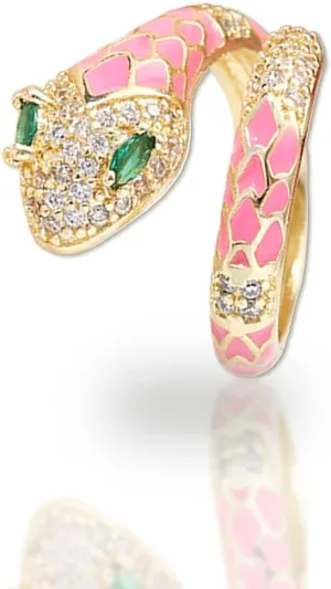 Jean Beau Cute Snake Adjustable Open Gold Ring for Women - Sparkly Vintage Wrap Stacking Animal Green Enamel Eye Fashion Statement Love Promise Costume Finger Cocktail Party Jewelry Gift