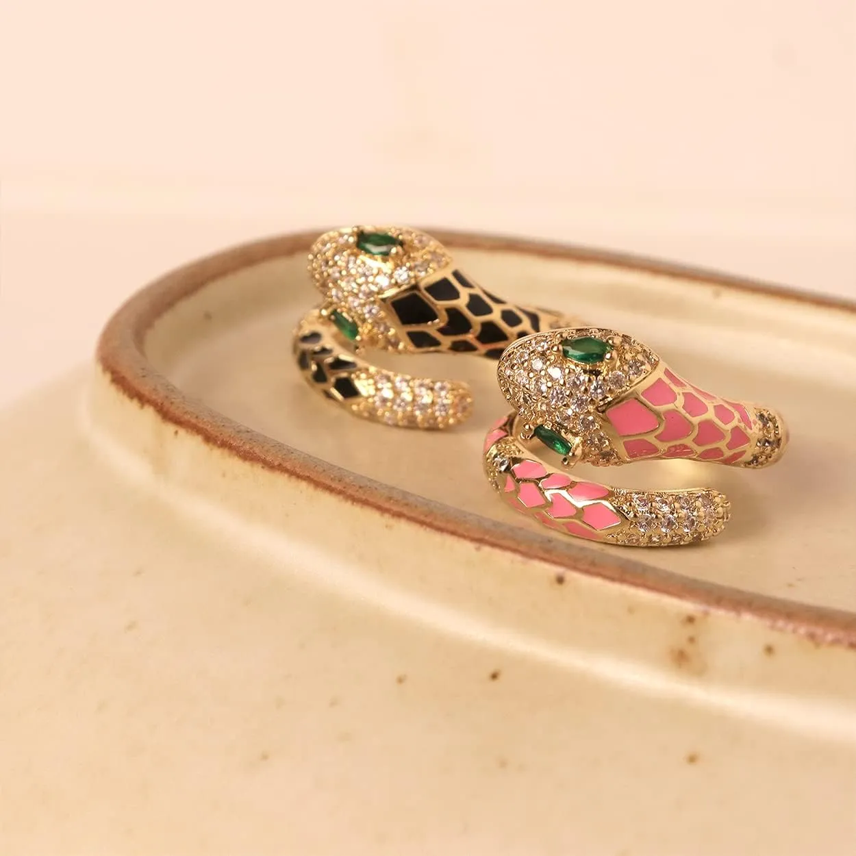 Jean Beau Cute Snake Adjustable Open Gold Ring for Women - Sparkly Vintage Wrap Stacking Animal Green Enamel Eye Fashion Statement Love Promise Costume Finger Cocktail Party Jewelry Gift