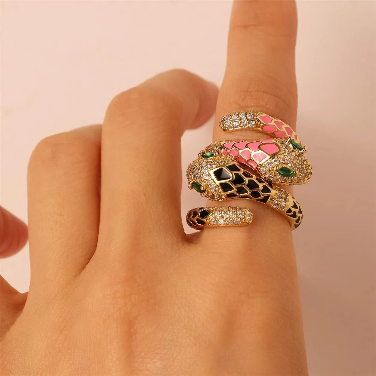 Jean Beau Cute Snake Adjustable Open Gold Ring for Women - Sparkly Vintage Wrap Stacking Animal Green Enamel Eye Fashion Statement Love Promise Costume Finger Cocktail Party Jewelry Gift