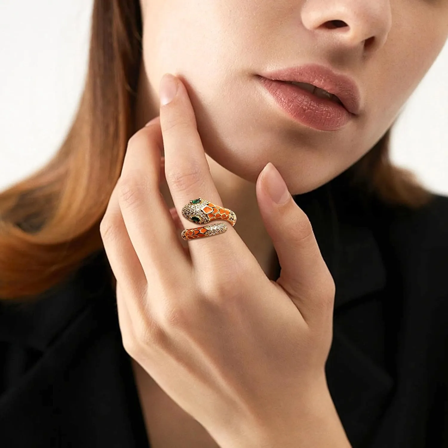 Jean Beau Cute Snake Adjustable Open Gold Ring for Women - Sparkly Vintage Wrap Stacking Animal Green Enamel Eye Fashion Statement Love Promise Costume Finger Cocktail Party Jewelry Gift