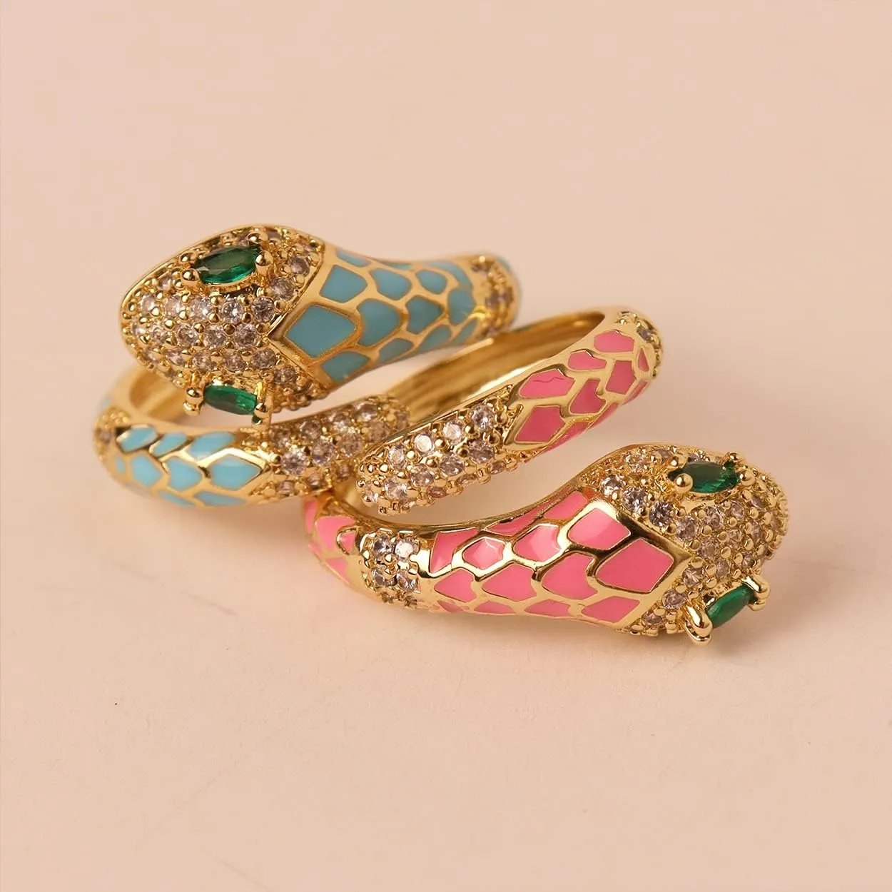 Jean Beau Cute Snake Adjustable Open Gold Ring for Women - Sparkly Vintage Wrap Stacking Animal Green Enamel Eye Fashion Statement Love Promise Costume Finger Cocktail Party Jewelry Gift