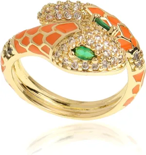 Jean Beau Cute Snake Adjustable Open Gold Ring for Women - Sparkly Vintage Wrap Stacking Animal Green Enamel Eye Fashion Statement Love Promise Costume Finger Cocktail Party Jewelry Gift