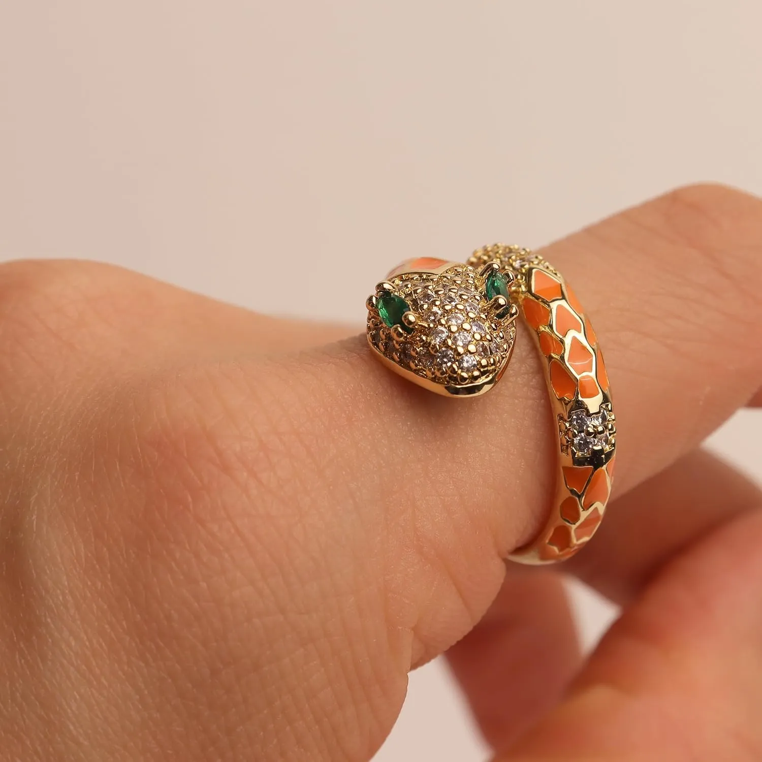 Jean Beau Cute Snake Adjustable Open Gold Ring for Women - Sparkly Vintage Wrap Stacking Animal Green Enamel Eye Fashion Statement Love Promise Costume Finger Cocktail Party Jewelry Gift