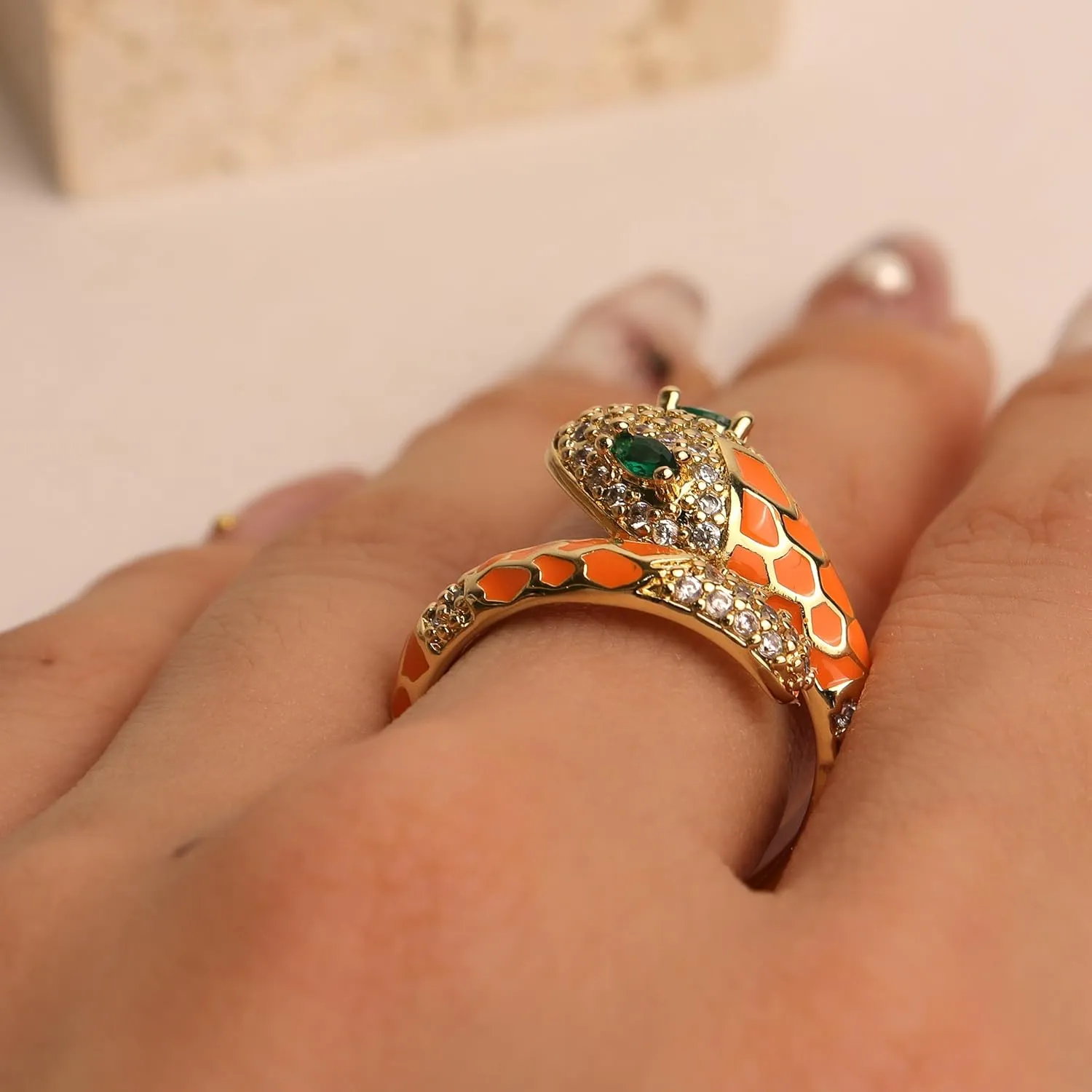 Jean Beau Cute Snake Adjustable Open Gold Ring for Women - Sparkly Vintage Wrap Stacking Animal Green Enamel Eye Fashion Statement Love Promise Costume Finger Cocktail Party Jewelry Gift