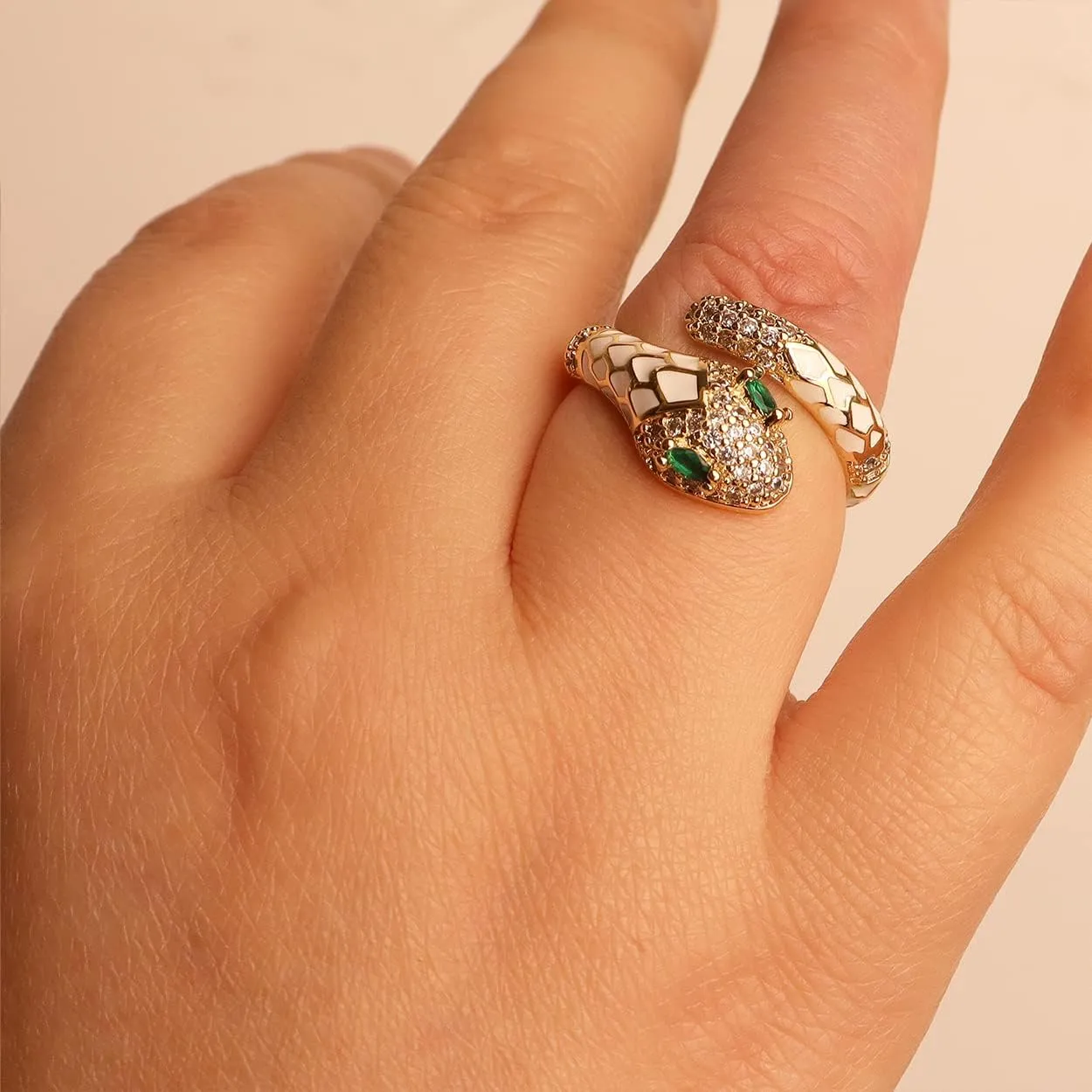 Jean Beau Cute Snake Adjustable Open Gold Ring for Women - Sparkly Vintage Wrap Stacking Animal Green Enamel Eye Fashion Statement Love Promise Costume Finger Cocktail Party Jewelry Gift